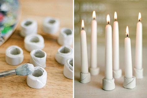 Small clay candle holders Homemade Candle Holders, Cheap Candle Holders, Clay Candle Holders, Wooden Candlestick Holders, Diy Luminaire, Clay Candle, Diy Candle Holders, Wooden Candle Sticks, Diy Holder