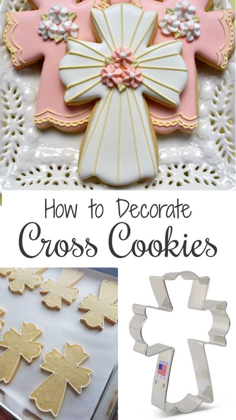 How to Decorate THREE Fancy Cross Cookies – The Flour Box Cross Sugar Cookies Decorated, Communion Cookies Decorated, Confirmation Cookies Decorated, Cross Sugar Cookies, Confirmation Cookies, Cross Cookie, Flour Box Bakery, Communion Cookies, Christening Cookies