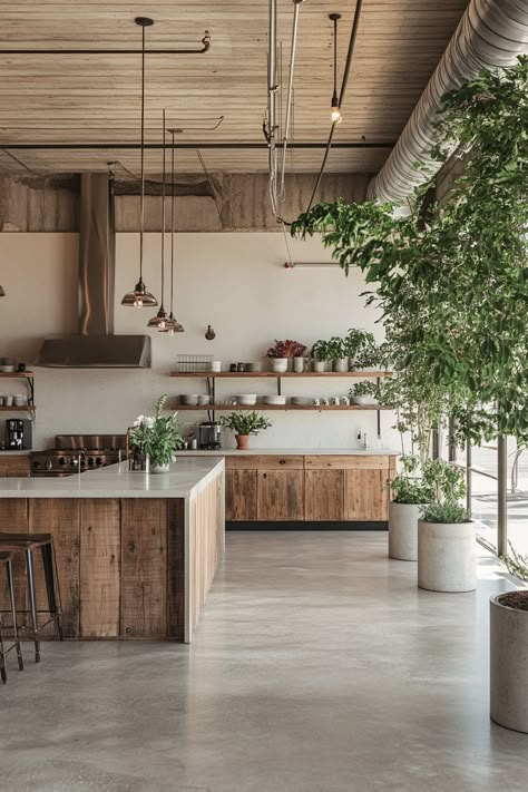 ♥ Looking for inspiration for your small urban kitchen design? 🏙️ Check out this rustic industrial kitchen with stainless steel open shelves and concrete countertops. Perfect for a modern industrial decor style in small spaces. #IndustrialKitchen #RusticDesign #SmallSpaces #ModernDecor 🍴🏠 Wooden And Concrete Kitchen, Timber And Concrete Kitchen, Concrete Floors And Countertops, Modern Concrete Kitchen, Concrete And Wood Kitchen, Concrete Kitchen Cabinets, Concrete Kitchen Ideas, Industrial Rustic Kitchen, Concrete Floor Kitchen