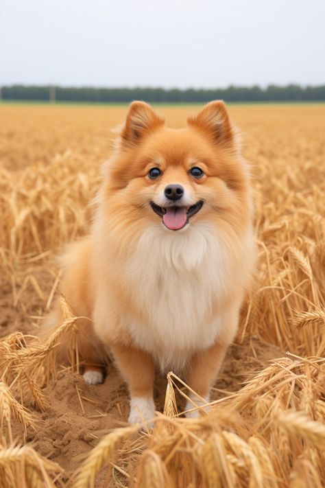 a photography of a pomeranian dog in a crop field landscape. Pomeranian Photography, Pomeranian Wallpaper, Hilarious Dogs, Tan Wallpaper, Dogs Photography, Crop Field, Field Paint, Dog Anatomy, Cute Picture