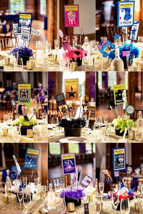 broadway themed bat mitzvah reception at The Cotton Room in Durham, NC Broadway Musicals Party, Broadway Sweet 16, Broadway Themed Room, Broadway Wedding, Bar Mitzvah Decorations, Bat Mitzvah Centerpieces, Broadway Theme, Broadway Party, Bat Mitzvah Themes