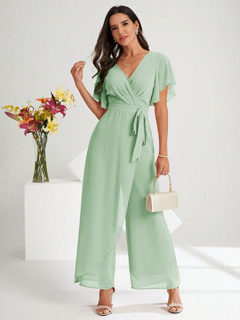 Mint Green Elegant Collar Short Sleeve Chiffon Plain Shirt Embellished Non-Stretch Summer Women Clothing Belted Jumpsuit, Belt Jumpsuit, Wrap Belt, Butterfly Sleeve, Plain Shirt, Butterfly Sleeves, Plain Shirts, Wide Leg Jumpsuit, Kids Beachwear