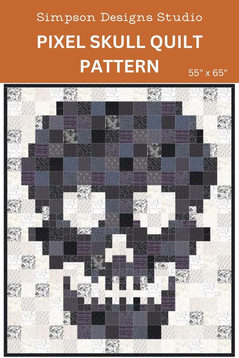 "Pixel Skull Quilt Pattern PDF by Simpson Designs Studio, Digital Pattern This is a PDF pattern and will be available in your Etsy account after purchase. You will not be able to download from the Etsy App. If you check out as a guest, you will receive an email with a link to download the pattern. Finished size - 66\" x 78\"  Skill level - beginner Fabric requirements: Assorted Black - 2 1/2 yards Assorted White - 2 1/2 yards Border - 1/3 yard Binding - 3/4 yard Backing - 5 yards Batting - 74\" Goth Quilt Ideas, Pixel Art Quilt, Beginner Quilting Patterns, Skull Quilt Pattern, Pixel Quilt Pattern, Pixel Skull, Skull Quilt, Pixel Quilting, Halloween Quilt Patterns