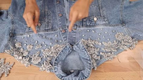 How to Create a Crystal Embellished Denim Jacket | Upstyle Embellished Jeans Jacket, Denim Jacket Bedazzled, Blinged Out Denim Jacket, How To Add Pearls To Jean Jacket, Denim Bling Outfit, How To Decorate A Denim Jacket, Sparkly Jean Jacket, Diy Denim And Diamonds Outfit, How To Embellish Jeans