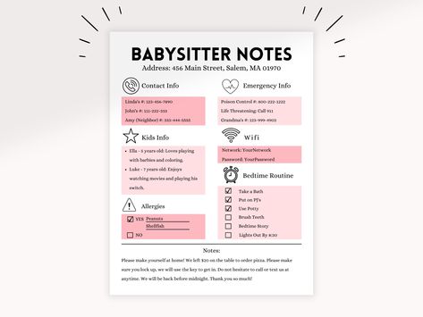 "When you need someone to watch your kids, you want to be sure that the babysitter is prepared for any situation. Our Pink Babysitter Checklist printable is the perfect guide to give to your nanny. It contains all the essential items they need to know to keep your children safe and happy. Plus, this editable template is easy to customize with any additional items you might need. Trust our checklist to help you find the right babysitter for your family. Pink Editable Babysitter Information Sheet Notes For Babysitter, Babysitter Rules, Babysitter Checklist Printable, Nanny Checklist, Emergency Information Sheet, Babysitter Information Sheet, Babysitter Checklist, Babysitting Kit, Babysitter Notes