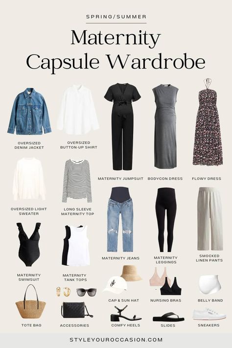 Maternity Capsule Wardrobe Spring Summer, Capsule Maternity Wardrobe, Maternity Spring Outfits, Stylish Pregnancy Outfits, Pregnancy Capsule Wardrobe, Mum Wardrobe, Comfortable Pregnancy Outfits, Maternity Basics, Maternity Wardrobe Essentials