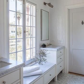 Built in Window Seat Bench Between His and Her Washstands Shower Tv, Carrera Marble Countertops, Guest Bath Ideas, Mantel Shelves, Built In Bench Seating, Built In Window Seat, Bathroom Bench, Window Bench Seat, Hall Flooring