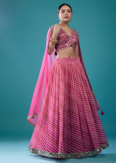 Hot Pink Embroidered Georgette Leheriya Lehenga Set Pink Ghagra Choli, Pink Ghagra, Leheriya Lehenga, Lehenga For Mehendi, Designer Mehendi, Mehendi Lehenga, Pink Lehenga Choli, Kids Bridal, Indian Pink