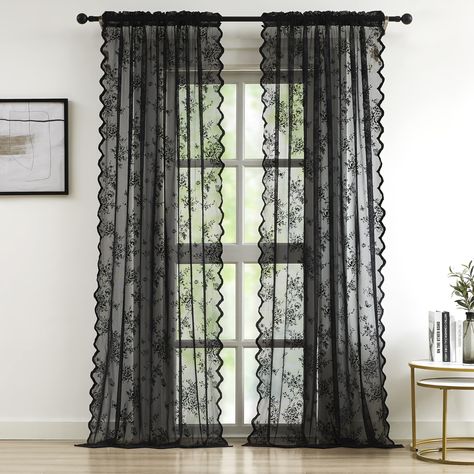 PRICES MAY VARY. Ready Made:Package includes 2 panels of black lace sheer curtains,measuring 54Wx95L inch each panel. Elegant Scalloped Edges: Adorned with delicate floral and butterfly jaquard patterns, these lace curtains exude timeless elegance. The delicate scalloped edges further enhance their beauty, creating a captivating focal point for any window and infusing home with romance and charm,suitable for both vintage and modern home style like living room, bedroom,dining room,office,etc. Lig Black Lace Curtains Bedroom, Purple Gothic Bedroom, Black Lace Curtains, Lace Curtains Bedroom, Vintage Gothic Home Decor, Gothic House Decor, Goth Living Room, Black Sheer Curtains, White House Interior