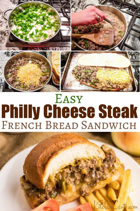 Ground Philly Cheese Steak, Philly Cheesesteak French Bread, Ground Beef Philly Cheese Steak Sandwich, Philly Cheese Steak With Ground Beef, Philly Cheese Steak Ground Beef, Ground Beef Philly Cheese Steak, Cafe Meals, Giant Sandwich, Philly Cheese Steak Sandwich Recipe