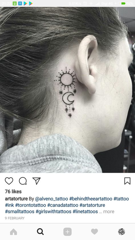 behind ear tattoo of moon and sun Behind The Ear Tattoo Sun And Moon, Sun Moon Tattoo Behind Ear, Sun And Moon Ear Tattoo, Sun Snd Moon Tattoos, Sun And Moon Behind Ear Tattoo, Tattoo Of Moon, Back Ear Tattoo, Tattoo Ear, Artistic Tattoos