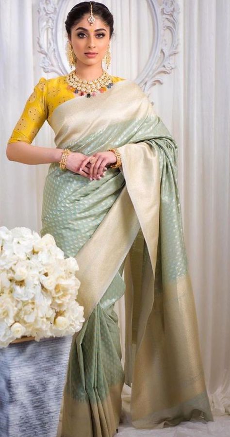 Pista Saree Contrast Blouse, Pista Saree, Pista Green Saree, Saree Contrast Blouse, Exclusive Saree Blouse Designs, Saree Outfit, Saree Pose, Saree Drape, Banaras Sarees