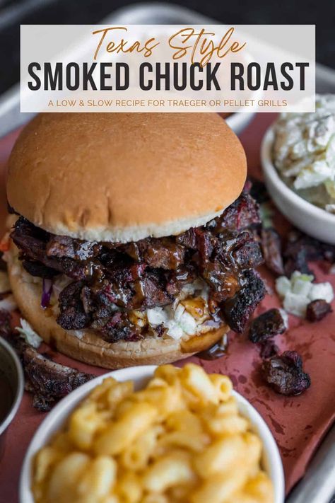 Smoked chuck roast is an easier, cheaper alternative to brisket. This recipe teaches you how to make it on a Traeger grill or pellet smoker. Chuck Roast On Pellet Grill, Traeger Chuck Roast Recipes, Brisket Ideas Leftover, Rec Tec Grills Recipes, Smoked Chuck Roast Pellet Grill, Fast Smoker Recipes, Best Smoked Recipes, Tregger Cooking, Smoked Breakfast Recipes