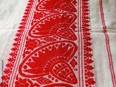 Assamese Bihu, Assamese Culture, Textile Decoration, Muga Silk, Queen Mom, Fabric Ornament, Vector Texture, Red Border, Indian Culture