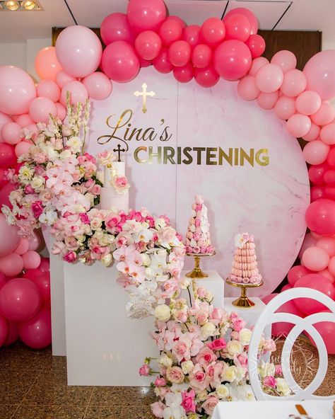 🌸LINA’s CHRISTENING🌸 We had the privilege of styling Baby Lina’s Christening over the weekend .. Styled & Props & Chanel chairs by us… Christening Backdrop, Baptism Backdrop, Baptism Decorations Girl, Christening Decor, Baptism Themes, Acrylic Backdrop, Christening Decorations, Deco Ballon, Baby Boy Christening