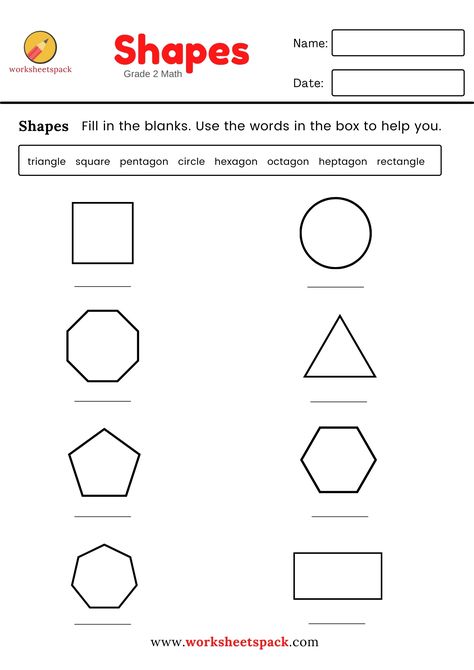 Kids will learn shapes with this Grade 2 Math Worksheet. 2d Shapes Worksheet, Kumon Worksheets, Math Folders, Kumon Math, Maths Paper, Free Printable Math Worksheets, Sight Words Printables, 2nd Grade Math Worksheets, Shapes Worksheets