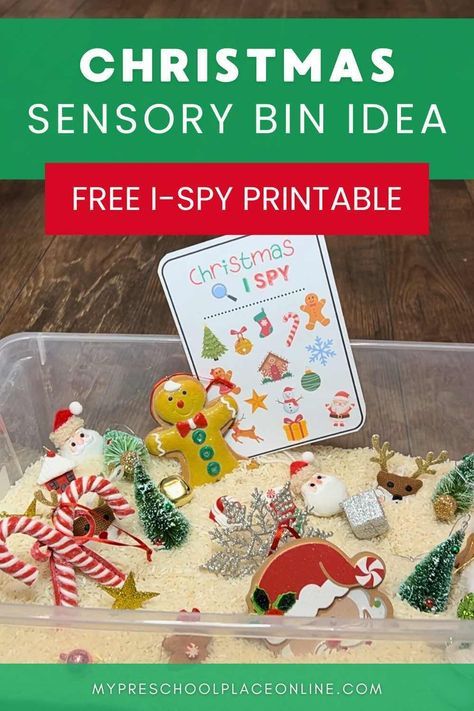 Looking for Christmas preschool activities? This fun and simple I Spy sensory bin idea is perfect for sensory play and easy to prep with items from your decorations or the dollar store. Don't worry if you don't have all the items—we’ve included a free printable holiday flashcards to make it even easier. Create a fun Christmas sensory bin for your preschooler this holiday season. Get all the details on the blog to get started today. Preschool Christmas Center Ideas, Free Play Kindergarten, Christmas Senses Activities, Prek Christmas Sensory Bin, Christmas Sensory Table Preschool, Wrapping Paper Sensory Bin, Christmas Sensory Play Preschool, Christmas Sensory Tray Ideas, Dollar Tree Christmas Sensory Bin