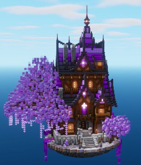 Minecraft Building Ideas Witch, Wisteria Tree Minecraft, Minecraft Faerie House, Minecraft Purple Aesthetic, Minecraft Underground Base Entrance, Purple Minecraft House, Spooky Minecraft Builds, Gothic Minecraft Builds, Minecraft Builds Aesthetic