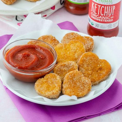 Heart-Shaped Vegan Chicken Nuggets Heart Shaped Chicken Nuggets, Heart Chicken Nuggets, Vegan Chicken Nuggets, Sugar Free Ketchup, Dream Cafe, Chicken Nugget Recipes, Vegan Chicken, Soy Recipes, Primal Kitchen