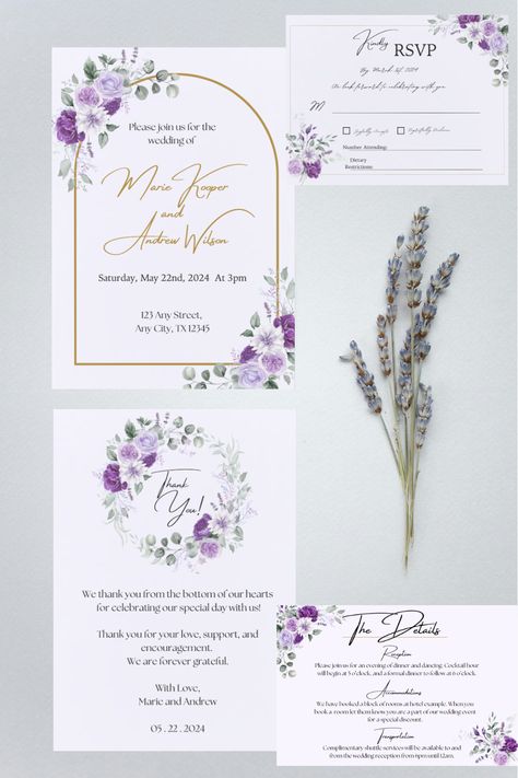 This Modern Lavender Wedding Invitation Template Bundle is completely customizable. This template includes wedding invitations, thank you cards, rsvps, and details. This template features purple and lavender roses and dahlias surrounded by sage green eucalyptus and gold accents. These template are coming soon to Etsy! Lavender And Sage Wedding Invitations, Lavender Wedding Invitation, Lavender Invitation, Roses And Dahlias, Iced Coffee Glasses, Lavender Wedding Invitations, Sage Wedding, Green Eucalyptus, Lavender Roses