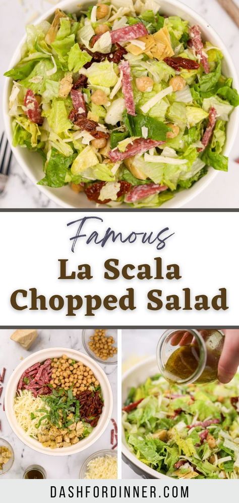 This famous La Scala Chopped Salad recipe is a favorite of the Kardashian clan, Leonardo DiCaprio, Elizabeth Taylor, Julia Roberts, and more! A popular Italian chopped salad recipe that features salami, mozzarella cheese, chickpeas, and the add-ins of your choice. This healthy salad recipe is perfect for dinner, or for bringing to a potluck. Italian Chopped Salad Recipes, La Scala Chopped Salad Recipe, Romaine Salad Recipes, La Scala Salad, Kardashian Salad, Scala Salad, Kardashian Salads, Scala Chopped Salad, Chopped Salad Recipe