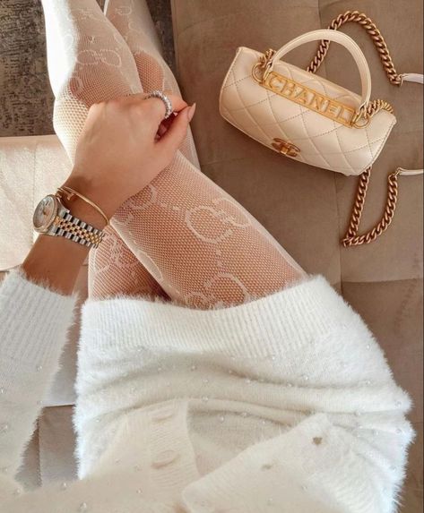 Gg Tights Outfit, White Gucci Tights, Gucci Tights Outfit, White Stockings Outfit, Rich Daughter, White Tights Outfit, Boujee Fashion, Gucci Tights, Thigh High Stockings And Tights