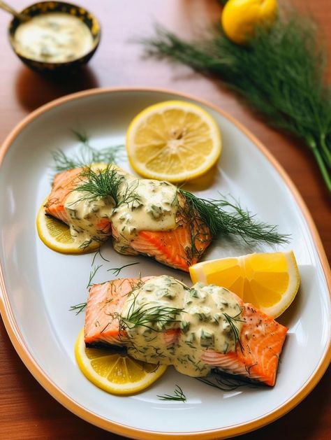 Lemon-Dill Salmon with Creamy Garlic Sauce Lemon Sauce For Fish Salmon, Dill Salmon Recipes, Winter Flavors, Lemon Dill Salmon, Grilled Cod, Dill Salmon, Creamy Dill Sauce, Chefs Plate, Poached Salmon