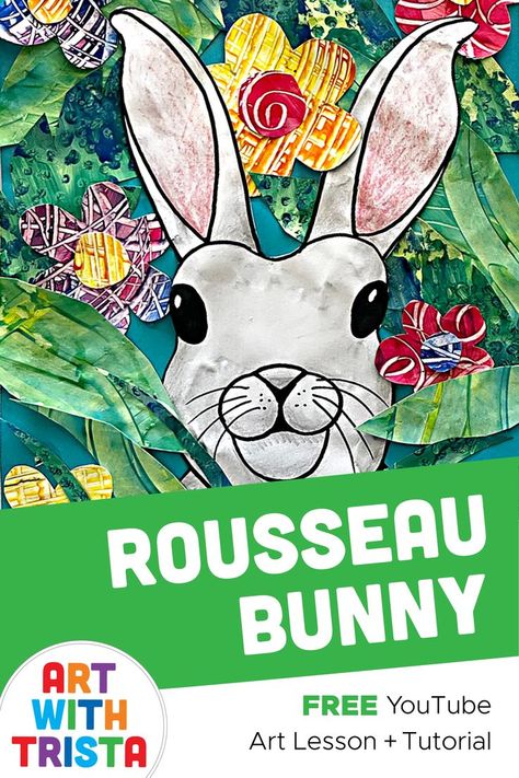 How to make a painted paper collage inspired by artist Henri Rousseau. Perfect for spring and Easter! Collage Art Tutorial, Bunny Collage, Painted Paper Collage, Rousseau Art, Grade 1 Art, Collage Video, Middle School Art Projects, Video Art, Henri Rousseau