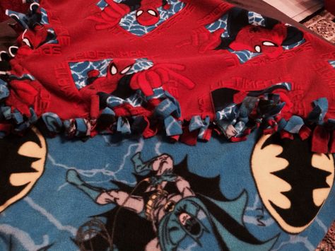 Batman / Spider-Man tie fleece blanket Tie Fleece Blanket, Tie Knot Blanket, Tie Knots Men, Knot Blanket, Tie Blanket, Fleece Tie Blankets, Tie Blankets, Tie Knots, Crafty Ideas