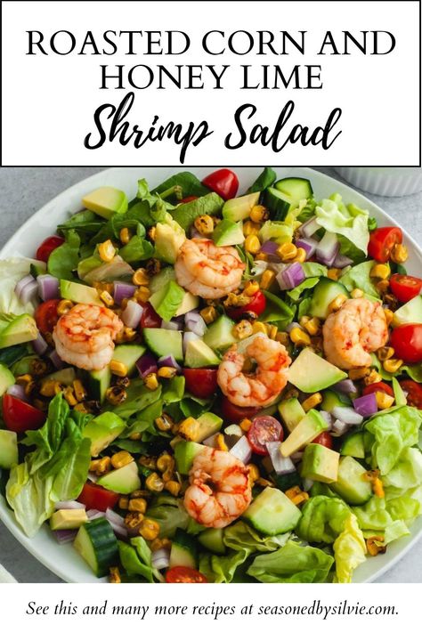 One great thing about salad is that they are so customizable to your preferences. If there’s an ingredient you don’t like, you can typically just omit it since it doesn’t really affect the “cooking” of the dish. However, I strongly suggest keeping all of the ingredients in this honey lime shrimp salad because wow- it’s perfect. For the base of the salad, I love doing a mix of butter lettuce and then some heartier greens. I am in a huge butter lettuce phase right now! Honey Lime Shrimp Salad, Dressing For Shrimp Salad, Honey Glazed Shrimp, Honey Lime Vinaigrette, Honey Lime Shrimp, Seafood Dinner Recipes, Pescetarian Recipes, Butter Lettuce, Baby Tomatoes