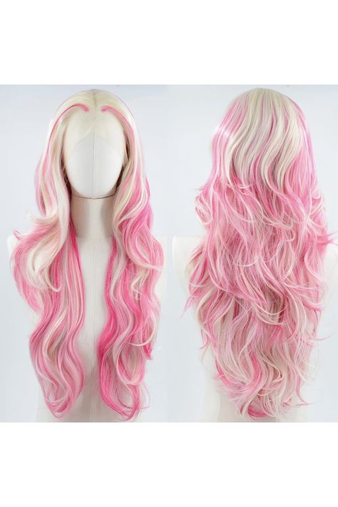 ZHYWIGS Long Wavy Pink Highlight White Lace Front Wig Pink Skunk Stripe Platinum Blonde New Synthetic Hair For Women White Hair With Pink Highlights, White Skunk Stripe, Pink Skunk Stripe, White Lace Front Wig, White Skunk, Skunk Stripe, Character Wardrobe, Hair For Women, Pink Highlights