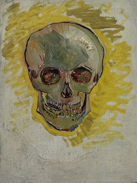 A skull is monochrome, but Van Gogh used many different colours to paint this one. Could he produce a convincing image of it in this way? This seems to have been the question in Van Gogh’s mind when he made this study in colour.  He has suggested the shiny surface of the skull by zigzagging a heavy brushload of white paint across it. Masters Paintings, Theo Van Gogh, Vincent Willem Van Gogh, Skull Art Print, Arte Van Gogh, Van Gogh Museum, Van Gogh Paintings, Paul Gauguin, Post Impressionism