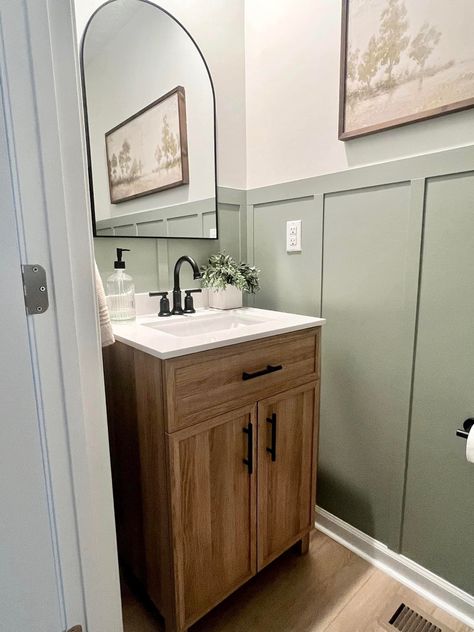 Half Bath With Green Vanity, Half Bath Wood Vanity, Natural Half Bathroom Ideas, Green And Gold Half Bathroom, Powder Room With Wood Vanity, Earthy Half Bath, Bead And Batten Wall Bathroom, Neutral Half Bath, Old Bathroom Renovation