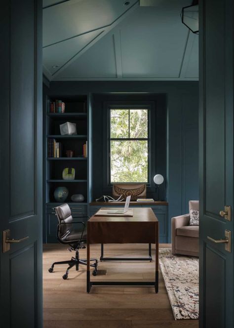 Rose Tarlow Melrose House, Bright Chair, Blue Office, Seattle Homes, Benjamin Moore Colors, Luxe Interiors, Interiors Design, Upholstered Ottoman, The Ceiling