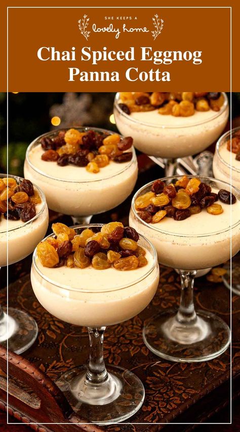 This masala chai spiced eggnog Panna Cotta is topped with rum-soaked raisins, it’s creamy, it’s elegant, and so easy to make! With only 5 ingredients, you’ll delight your holiday guests with this traditionally original holiday dessert! Eggnog Panna Cotta, Beautiful Christmas Desserts, Spiced Eggnog, Masala Spice, Rum Raisin, Masala Chai, Chai Spice, Holiday Dessert, Easy Snack Recipes