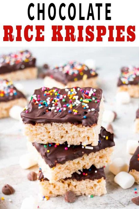 Delicious chocolatey rice krispies treats. They have a chewy, crispy and airy rice krispies base an a layer of semi-sweet milk chocolate top. Chewy Rice Krispie Squares, Crispy Fudge Rice Krispies, Rice Krispie Squares With Chocolate, Rice Krispie Squares Christmas, Rice Krispies With Chocolate On Top, Rice Crispy Treats Recipe Original, Easter Rice Crispy Treats, Chocolate Rice Krispies Treats, Rice Krispies Squares