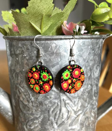 Dot Provoking - Handcrafted Dot Jewelry | I’m so excited about these Dot Jewelry, Red Orange Yellow, Wooden Earrings, Yellow And Green, One Inch, Beautiful One, Orange Yellow, So Excited, Black Background