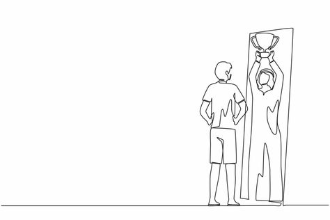 Standing In Front Of Mirror, Drawing Guy, Line Graphic Design, Guy Standing, In Front Of Mirror, Graphic Design Vector, Line Graphic, Trophy Cup, One Line Drawing