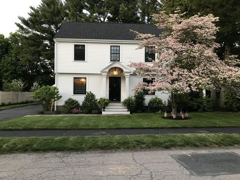 Colonial With Black Windows, White Colonial Black Windows, White Colonial With Black Windows, 60s Colonial Exterior Remodel, Garrison Colonial Interior Remodel, Contemporary Colonial Exterior, Colonial Cottage Exterior, Remodel Colonial Home Exterior, White Colonial House Exterior