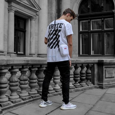 Off White Tee || Supreme FW17 Shoulder Bag || adidas YEEZY V2 "Zebra" Adidas Yeezy Outfit, Yeezy Zebra, Yeezy V2, Off White Tees, White Streetwear, Yeezy Outfit, Monochrome Outfit, Yeezy 350, Minimal Outfit