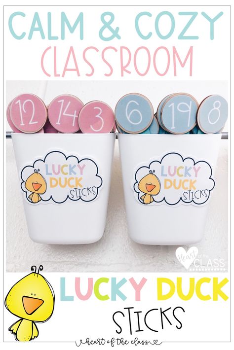 Easy classroom management strategy: lucky duck sticks! Choose a stick when you need a student volunteer or helper. Hop over to the blog post for the free Lucky Duck Stick labels! Flip Sticks Classroom, Lucky Ducks Classroom Jar, Duck Classroom Decor, Lucky Ducks Classroom Management, Lucky Ducks Classroom, Cozy Classroom Decor, Classroom Promise, Kindergarten Jobs, Cozy Classroom