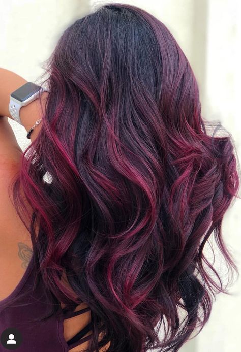 Magenta And Dark Brown Hair, Hair Color Ideas For Brown Hair Red, Red Purple Hair Color Highlights, Wine Hair Color With Highlights, Black Hair With Magenta Highlights, Merlot Hair Color With Highlights, Cherry Red Balayage On Black Hair, Red Purple Balayage, Wine Hair Highlights