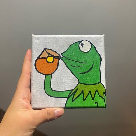 Memes Painted Canvas, Kermit The Frog Painting, Funny Paintings Easy, Kermit Painting, Funny Painting Idea, Funny Painting Ideas On Canvas, Kermit The Frog Meme, Funny Painting Ideas, Meme Cartoon