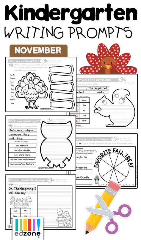 November Writing Prompts for Kindergarten!  Our Interactive Guided Writing Pack for November includes fun topics like Thanksgiving, Owls, Turkeys, Squirrels, Veteran's Day, Voting, and more!  Students will write poetry, recipes, expository, and so much more! Fall Writing Craftivity, November Writing, Easy Writing Prompts, Fall Writing Prompts Kindergarten, Thanksgiving Writing Prompts 2nd Grade, Fall Writing Prompts First Grade, November Writing Prompts First Grade, Kindergarten Writing Lessons, December Writing Prompts