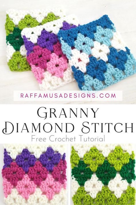 How to Crochet the Granny Diamond Stitch • RaffamusaDesigns Watermelon Socks, Crochet Birthday, Crochet Watermelon, Crocheted Squares, Granny Square Haken, Granny Square Crochet Patterns Free, Crochet Stitches Free, Mode Crochet, Crochet Stitches For Beginners