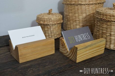 DIYHuntressBusinessCardHolder-16 Diy Huntress, Wooden Business Card Holder, Card Holder Diy, Wooden Business Card, Easy Woodworking Ideas, Business Card Displays, Homemade Bird Houses, Wood Business Cards, Card Displays