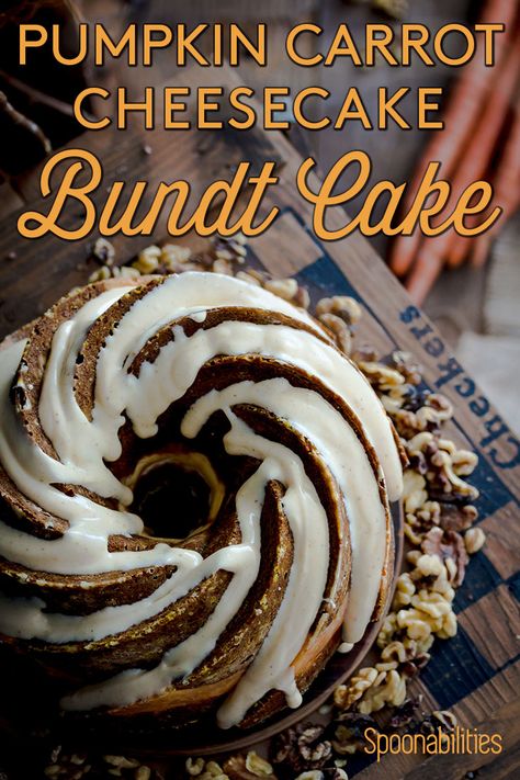 Pumpkin Carrot Bundt Cake is a moist rich dessert recipe combining pumpkin with a traditional carrot cake and cheesecake filling. Delicious autumn flavors in the dramatic form of a bundt cake with vanilla maple cream cheese drizzle running down the spiral sides. Great dessert for Thanksgiving and holiday parties. #BundtCake #CarrotCake #HolidayDessert #Thanksgiving Cake And Cheesecake, Carrot Bundt Cake, Cream Cheese Drizzle, Carrot Cheesecake, Pumpkin Bundt Cake, Moist Carrot Cakes, Amazing Desserts, Autumn Recipes, Rich Desserts