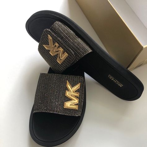 MICHAEL KORS  SLIDES Michael Kors Slippers, Mk Slippers, Mk Slides, Michael Kors Slides, Designer Wedges, Dress And Sneakers Outfit, Gold Slides, Michael Kors Sandals, Fab Shoes