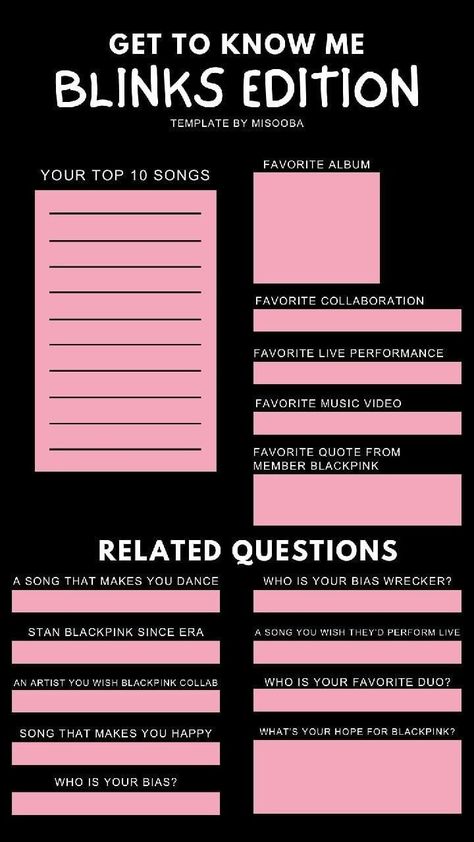 Kpop Quiz, About Me Template, Blackpink Square Up, Blink Book, Black Pink Background, Bullet Journal Mood, Table And Chair Set, Dara Kpop, Blackpink Members