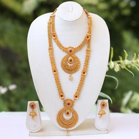 Haram Necklace Set Gold, Aaram Design Gold, Ruby Haram, Haram Necklace Set, One Gram Gold Necklace, Necklace Designs Gold, Gold Necklace Price, Indian Gold Necklace Designs, Gold Necklace Indian